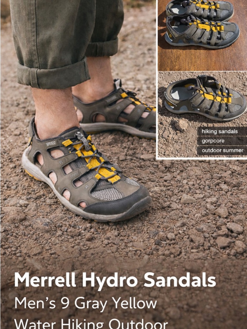 Merrell Hydro Sandals Men’s 9 Gray Yellow Water Hiking Gorpcore Outdoor